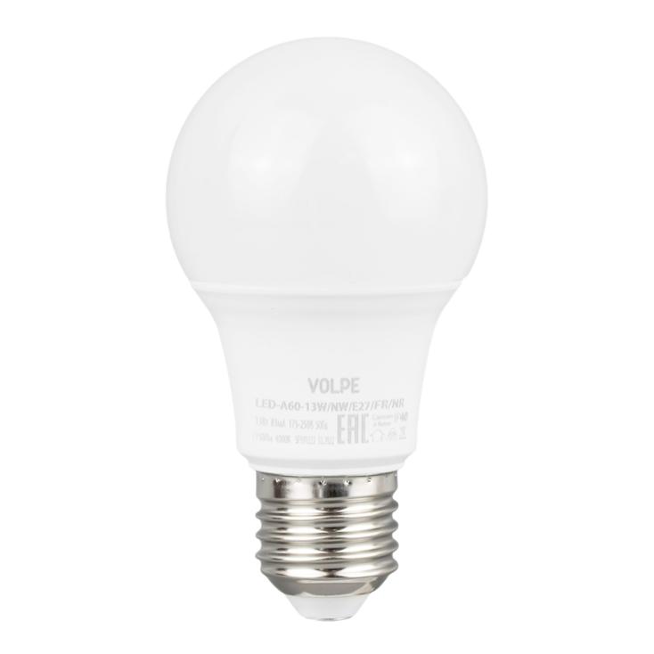 Лампа светодиодная белый свет. Е27 13 Вт 4000К 1150Лм  LED-A60-13W/NW/E27/FR/NR Volpe,