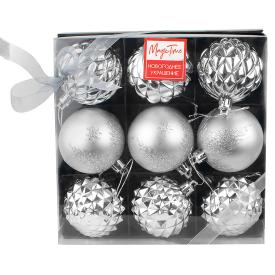 Украшение подвесное новогоднее Серебряные шары из полистирола, набор из 9 шт 6х6х6см