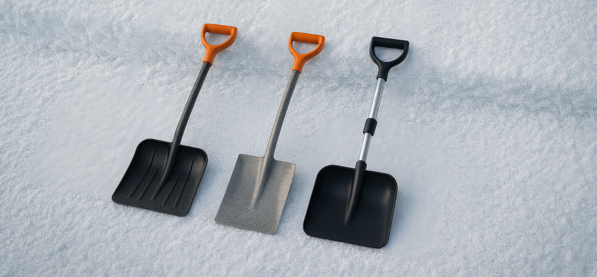 Три типа лопат для снега — пластиковая, стальная и облегчённая — разложены на ровной снежной поверхности