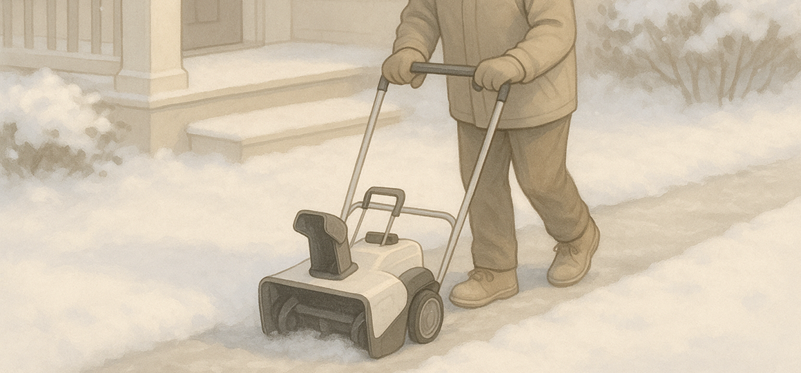 Иллюстрация пожилого мужчины, расчищающего снег электрическим снегоуборщиком возле дома зимой.