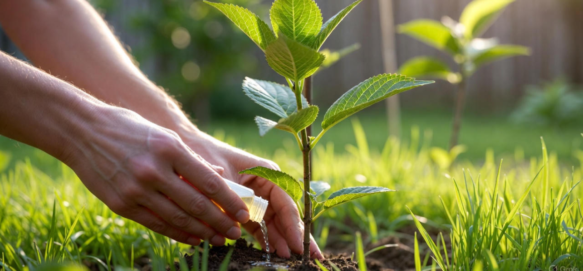 Человек поливает только что посаженный молодой саженец дерева из бутылки в саду на фоне зелёной травы в солнечный день.