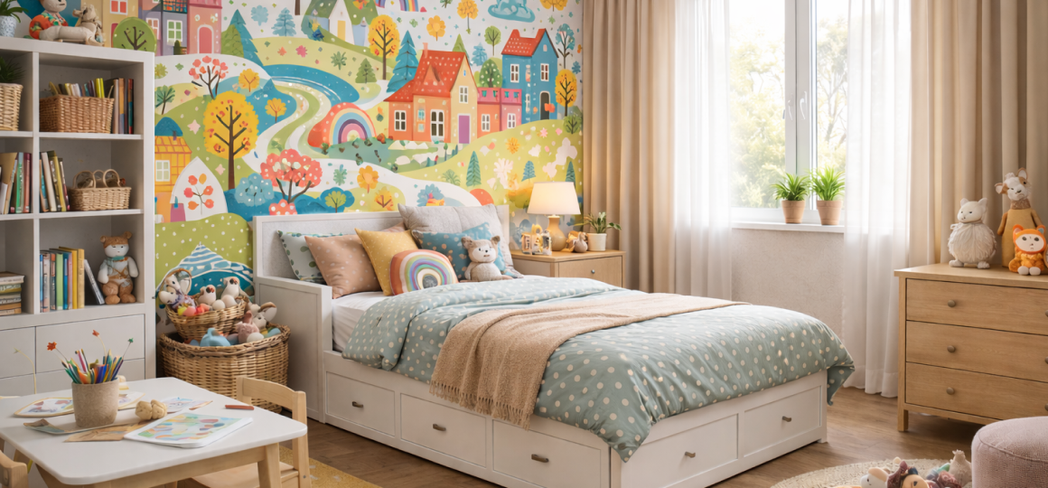 Детская комната с яркими обоями с иллюстрациями домов и природы, светлый интерьер, акцентная стена для детской