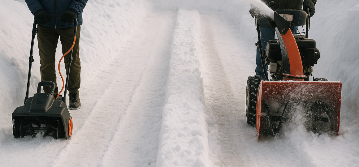 Два человека очищают дорожку от снега: слева работает электрическая снегоуборочная машина, справа — бензиновый снегоуборщик, выбрасывающий снег в сторону.