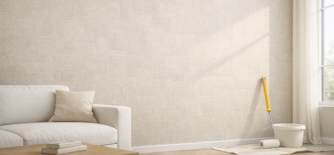 Интерьер комнаты с диваном и желтым малярным валиком, готовым к использованию