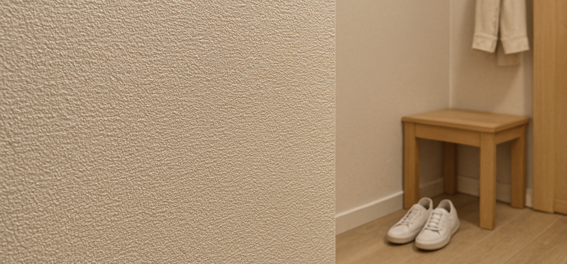 Интерьер с комбинированными обоями: гладкие светлые флизелиновые обои слева и текстурные бежевые обои справа