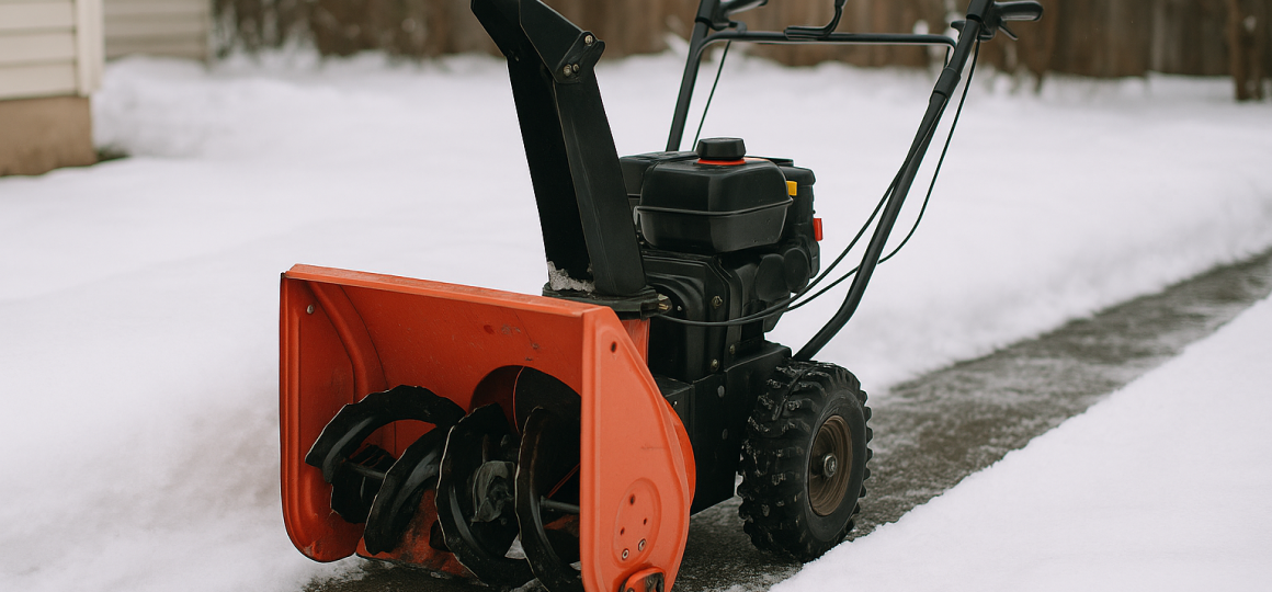 Красный бензиновый снегоуборщик, стоящий на расчищенной дорожке среди снега в частном дворе