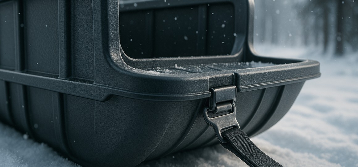 Крупный план чёрных пластиковых саней для зимней транспортировки: усиленные борта, фактурный морозостойкий пластик, крепёжный ремень с пряжкой и металлическим карабином на фоне снега и падающих снежинок