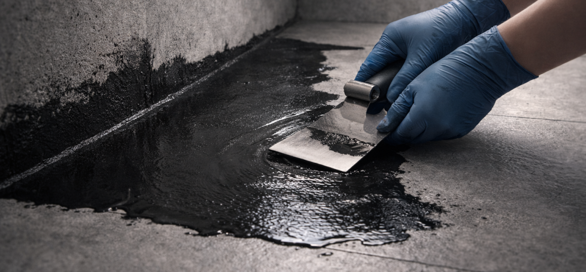 Мастер наносит гидроизоляцию на плиточный пол с помощью шпателя.