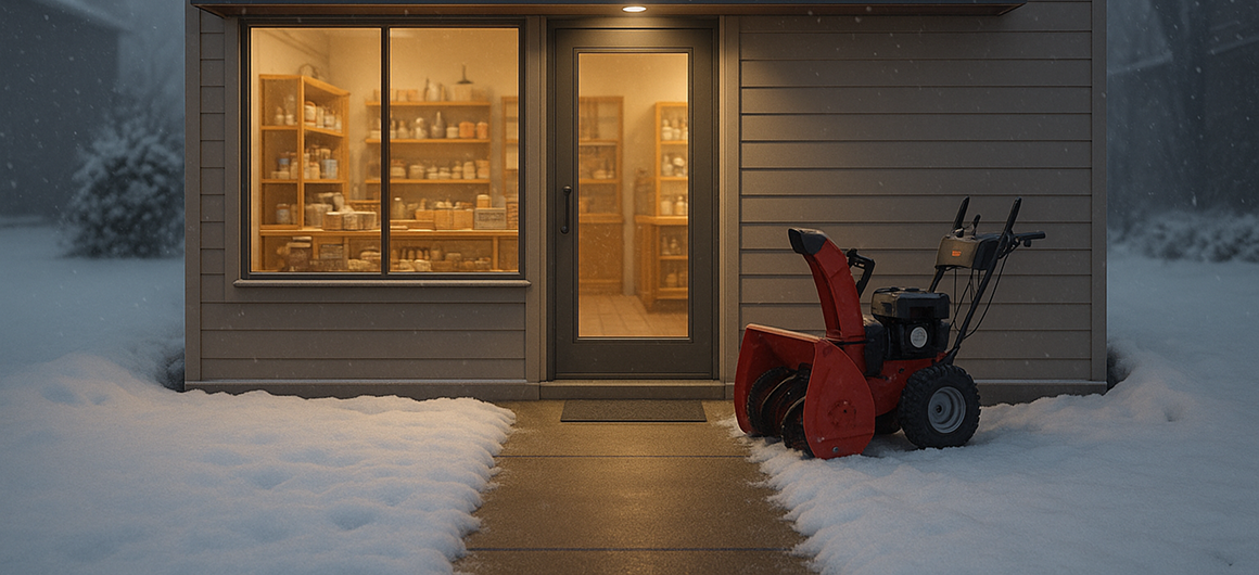 Небольшой магазин зимой с тёплым освещением внутри и стоящим у входа снегоуборщиком, вокруг лежит снег