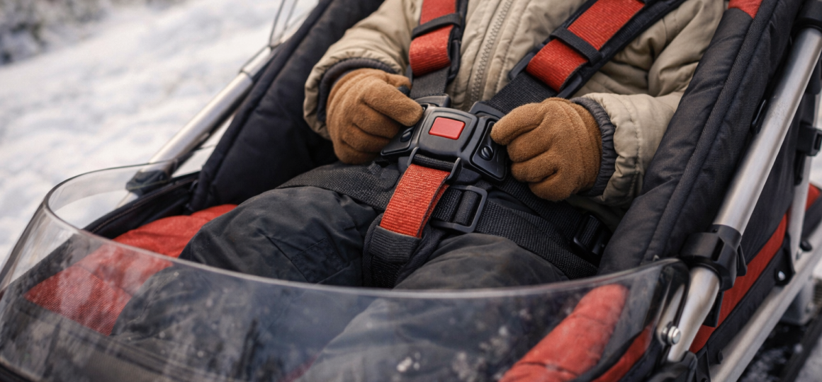 Ребёнок пристёгнут ремнями безопасности в зимних санках с защитным экраном, крупный план фиксации пряжки и тёплой зимней одежды, безопасная перевозка ребёнка по снегу