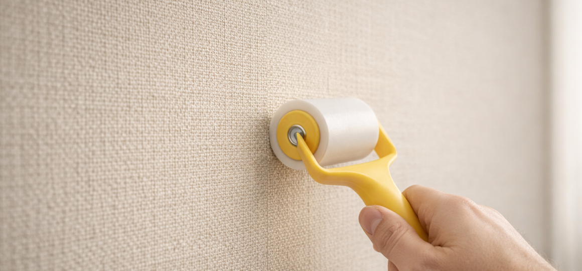 Рука с малярным валиком накатывает клеенку на стену с текстурой ткани