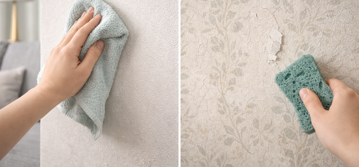 Рука с тряпкой очищает стену, покрытую пятнами и частично отслоившуюся отделку