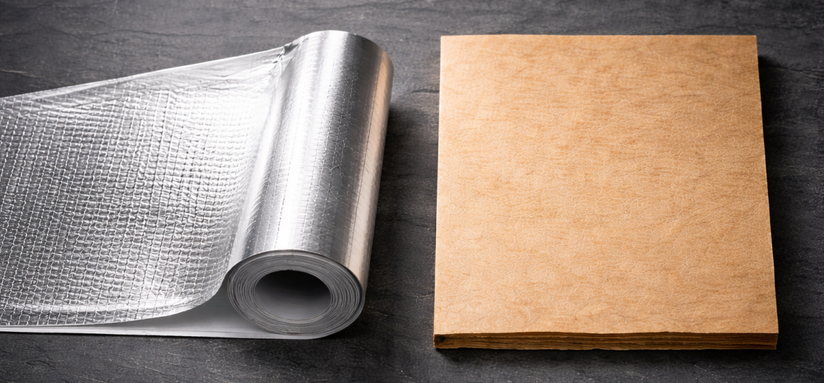 Рулон фольгированного материала и лист утеплителя на темной поверхности.