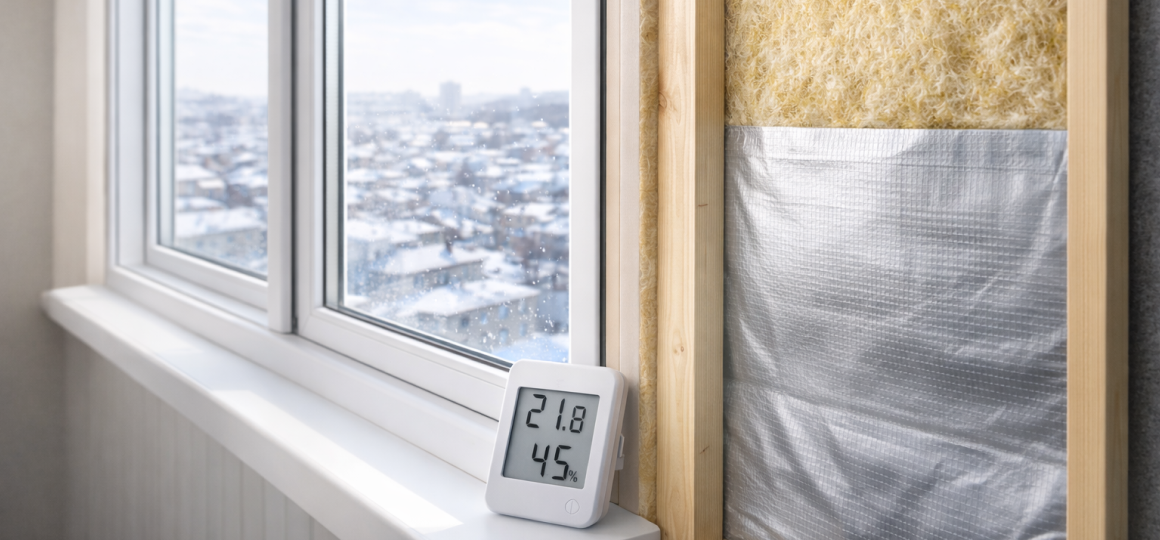 Современное окно с термозащитой, видно утепление и влагозащитная мембрана, температура и влажность в норме.