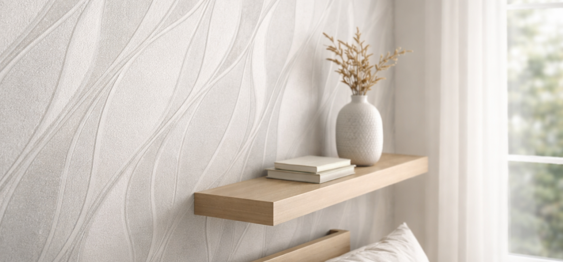 Спальня с кроватью, прикроватной тумбочкой и растением на полке, с зелеными акцентами на стене