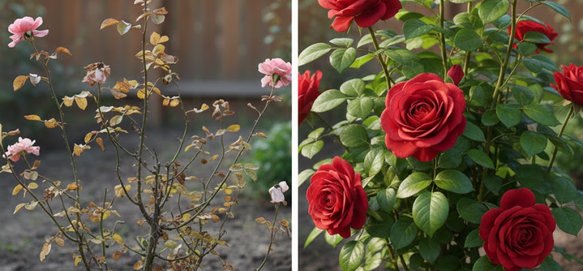 Сравнение до и после: слева — больной куст розы с жёлтыми листьями и редкими розовыми цветами, справа — здоровый пышный куст с ярко-красными розами у деревянного забора.