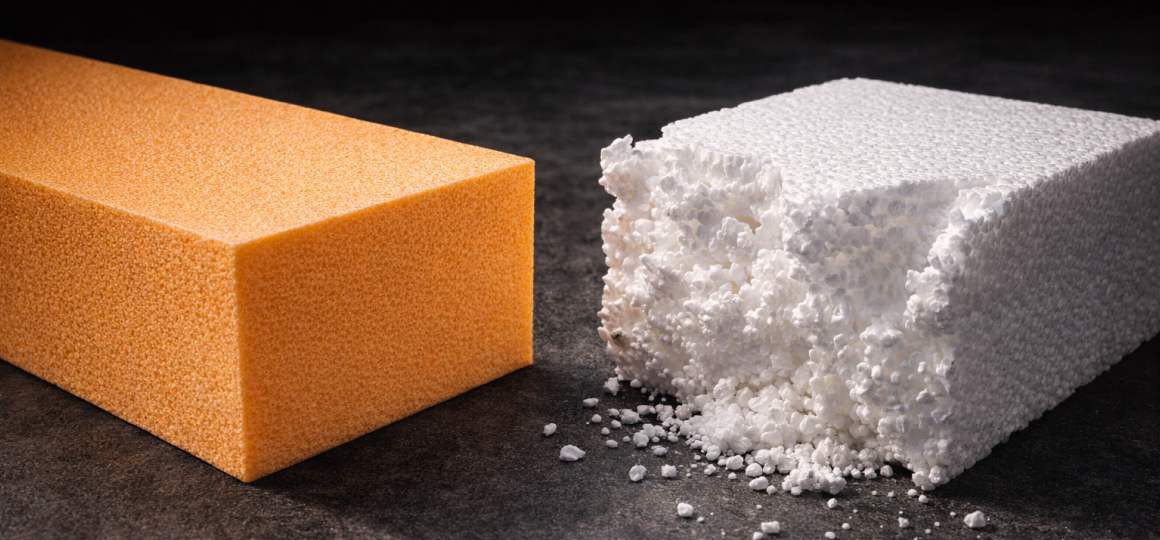 Сравнение-оранжевого-пенополиуретана-и-белого-пенопласта-поврежденная-структура-утеплителя