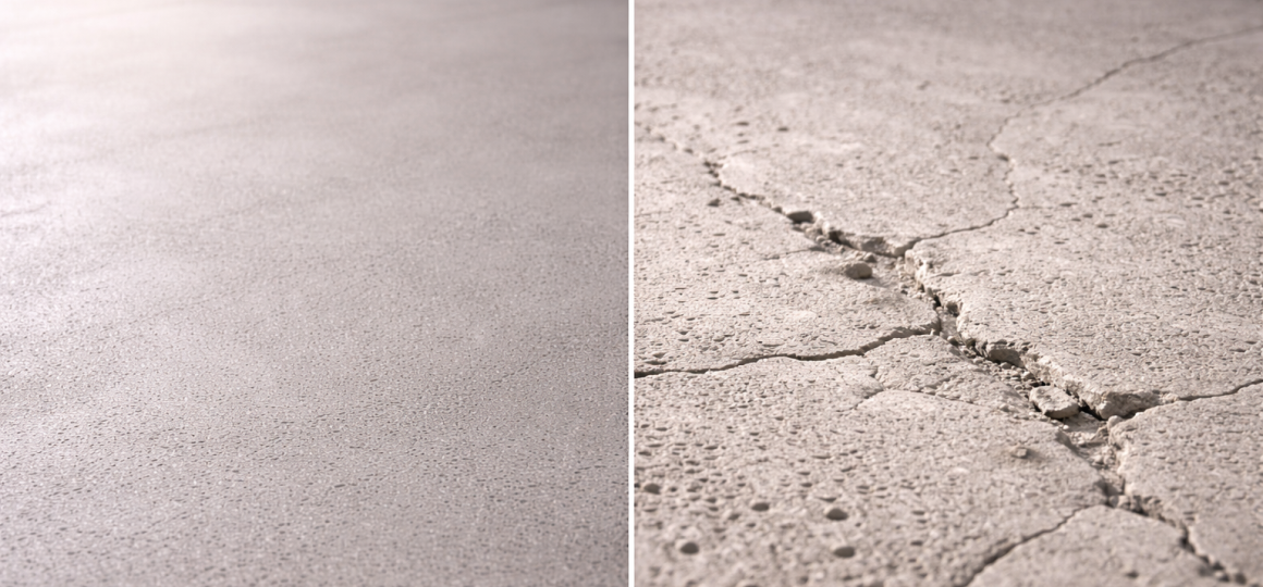 Сравнение ровной бетонной стяжки и растрескавшейся поверхности пола с трещинами