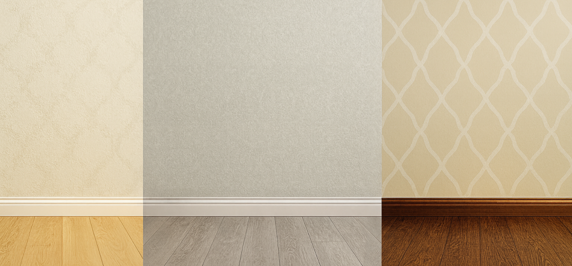 Сравнение трёх видов обоев с разными текстурами и оттенками, сочетающихся с разными вариантами напольного покрытия.