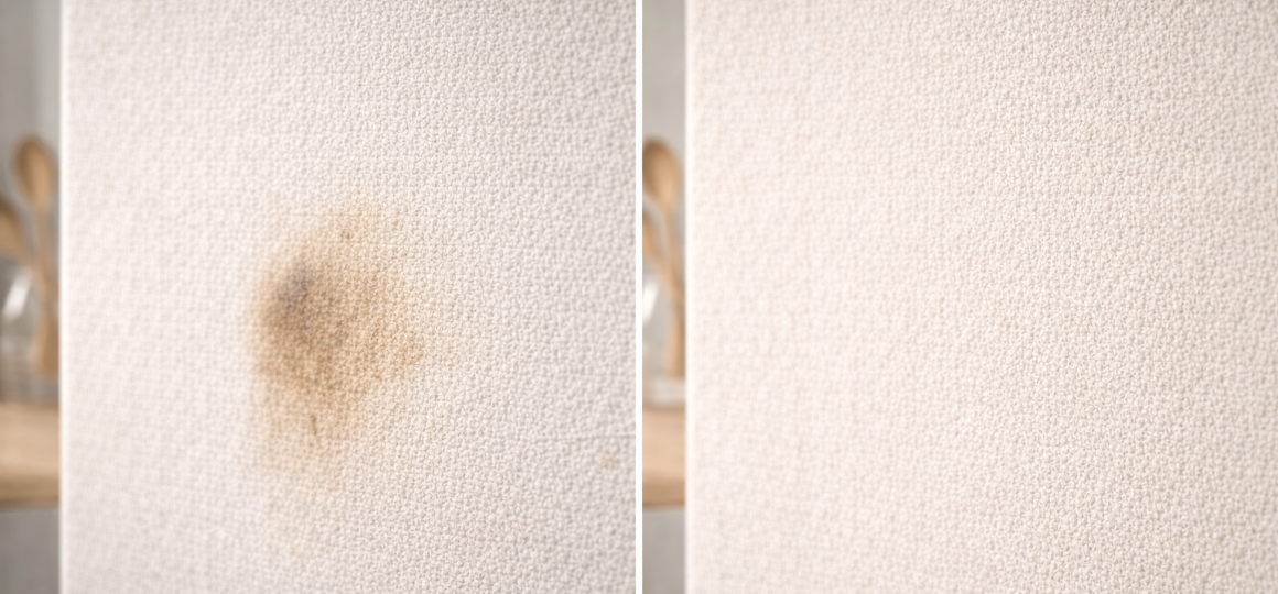 Стена с пятном до и после очистки, пятно исчезло после чистки