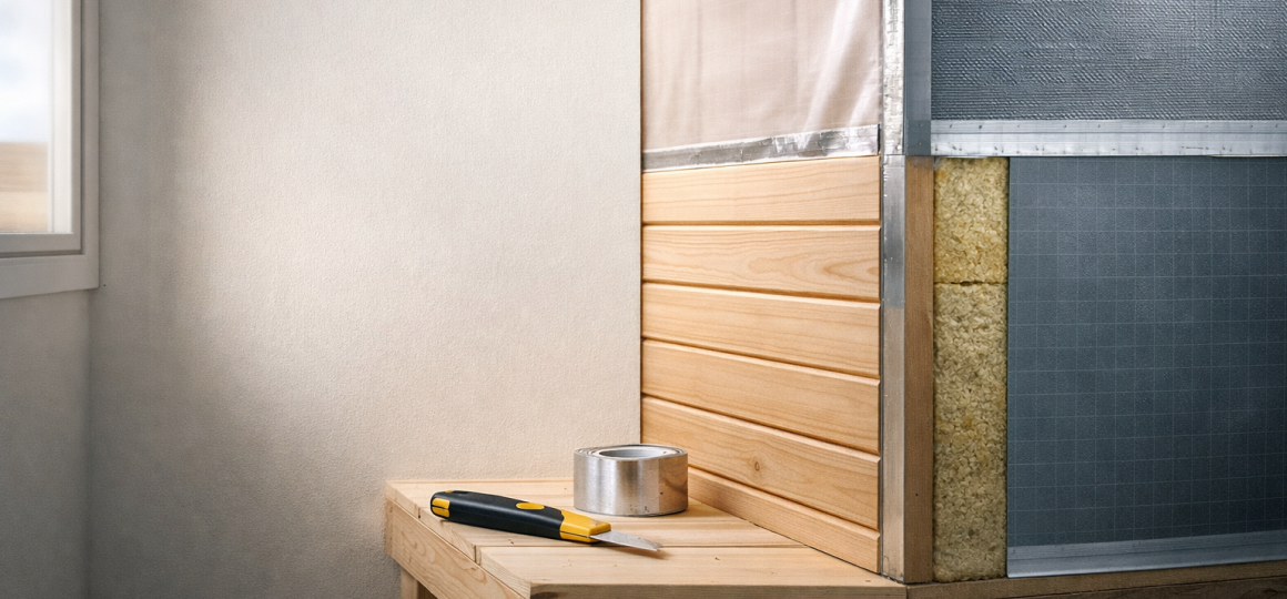 Угол строительного объекта с устанавливаемой деревянной панелью, инструментами и материалами, такими как клеевая лента и изоляция.