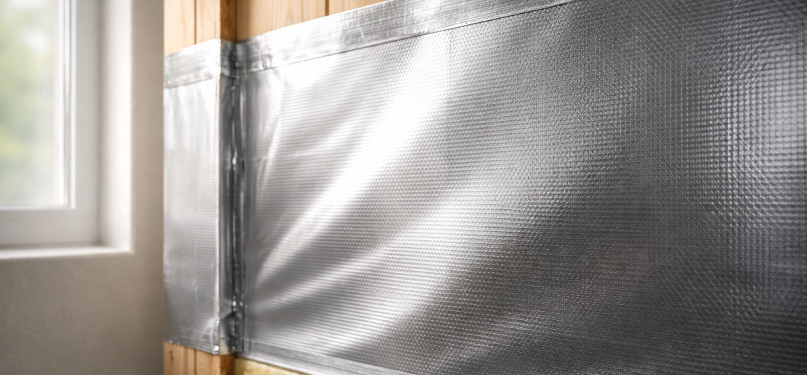 Строительная конструкция с изоляцией, обернутой фольгированным материалом, рядом с деревянной панелью.