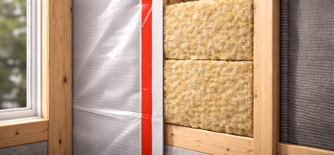 Строительная конструкция с изоляцией, обернутой фольгой, и проклеенной пленкой с красной полосой.