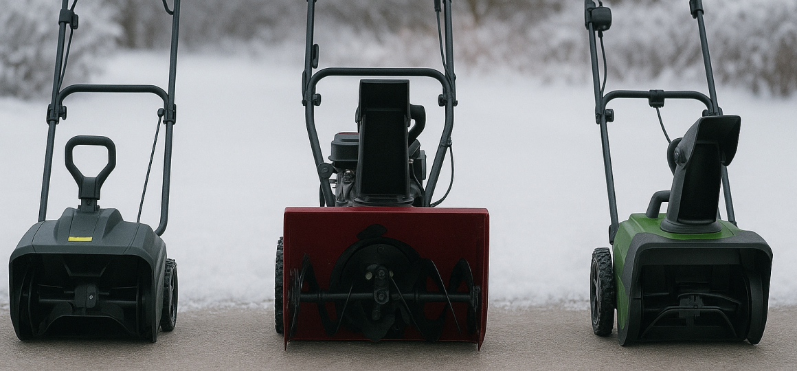 Три снегоуборщика — электрический, бензиновый и компактный электрический — стоят в ряд на заснеженной улице
