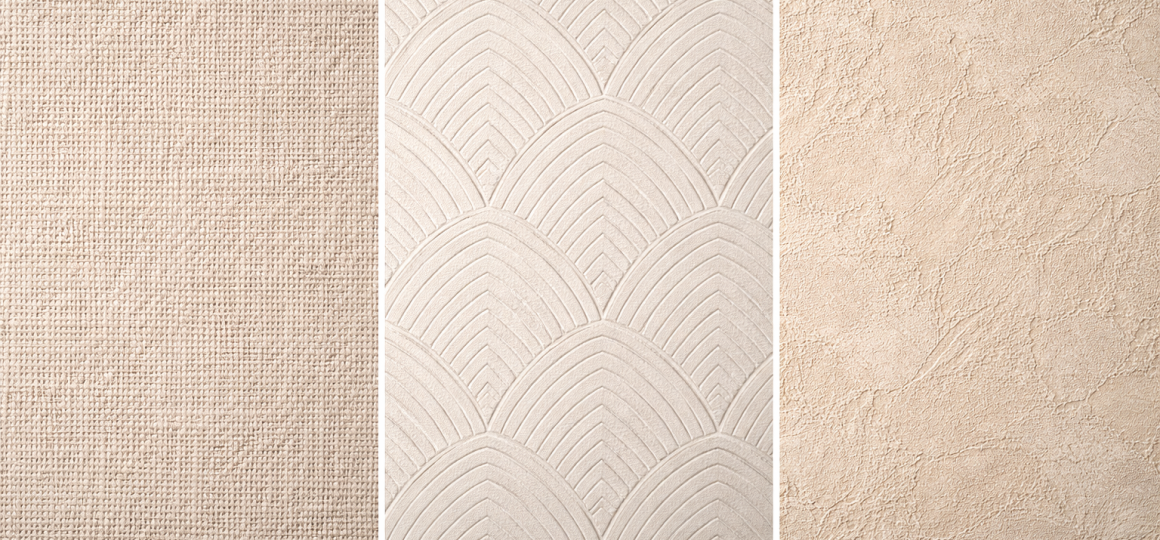Три вида текстурированных обоев: грубая текстура, волнообразный рисунок и гладкая фактура