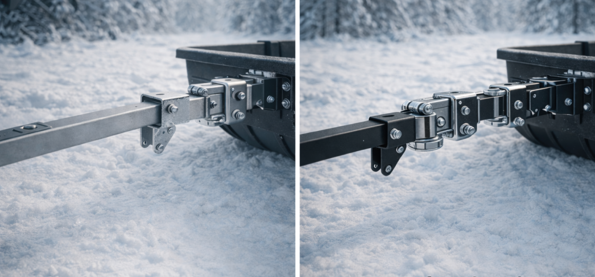 Усиленная сцепка для волокуш с квадратным профилем и болтовым креплением, показан механизм соединения с санями; надёжная конструкция для перевозки грузов по заснеженной поверхности. Снегоход буксирует грузовые волокуши с уложенными и зафиксированными дровами в зимнем лесу; демонстрация высокой грузоподъёмности саней и надёжности сцепки при перевозке тяжёлых грузов