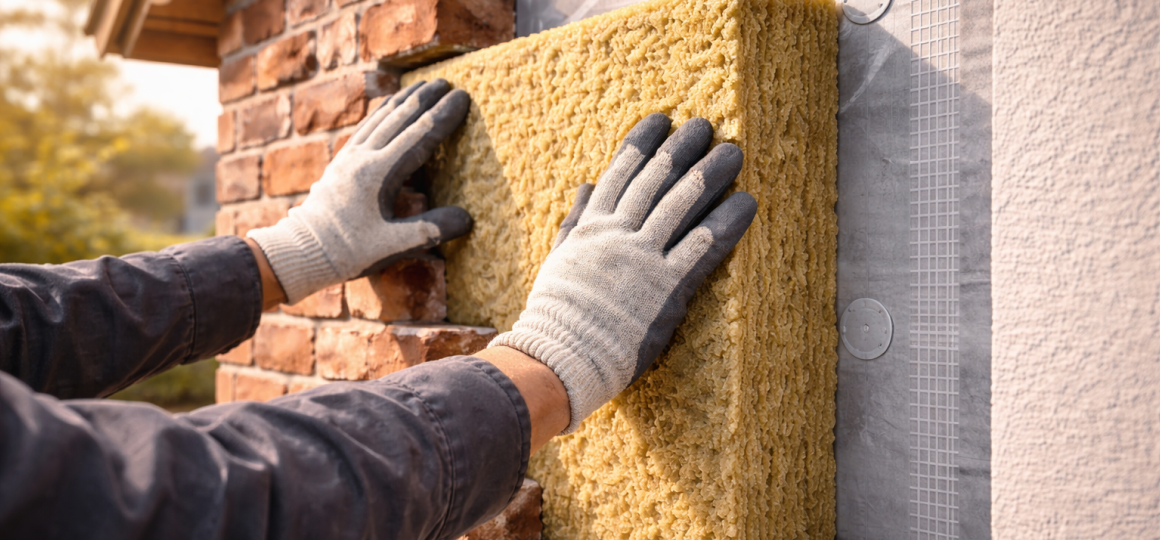 Установка-плиты-утеплителя-на-кирпичный-фасад-перед-нанесением-штукатурки