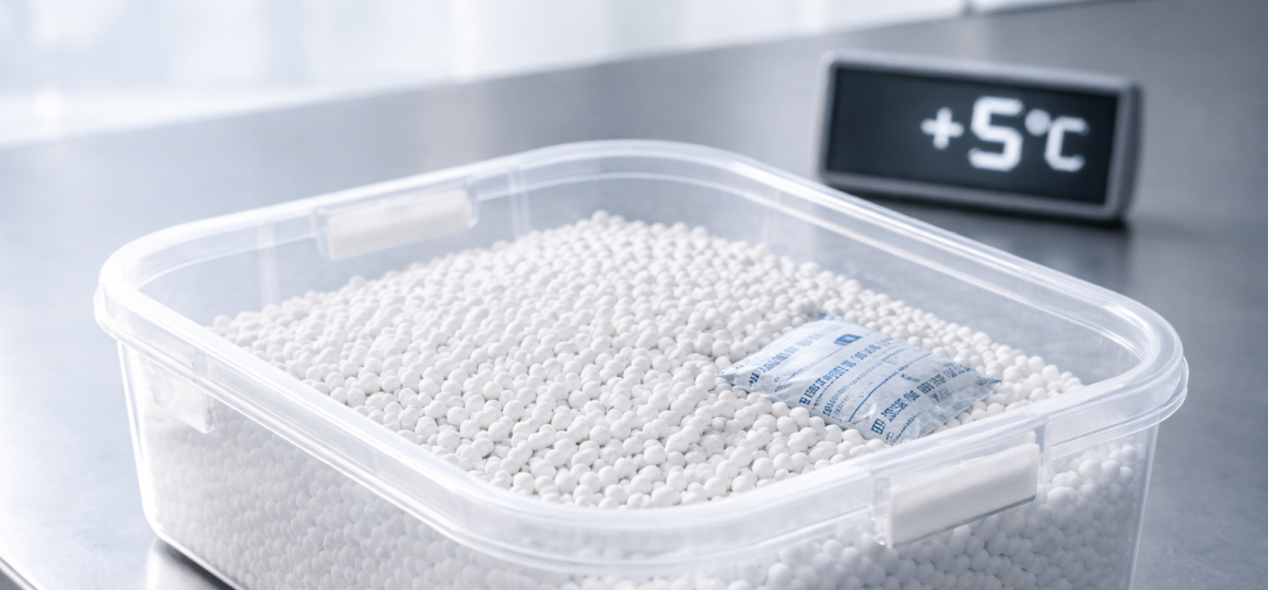 Белые гранулы удобрения в прозрачном пластиковом контейнере на фоне термометра с температурой плюс 5 градусов.