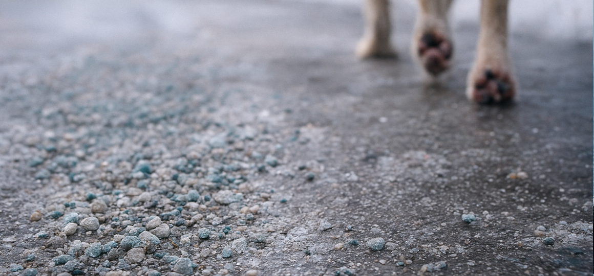 Гранулы агрессивного уличного реагента на тротуаре и следы собаки с покраснением подушечек.