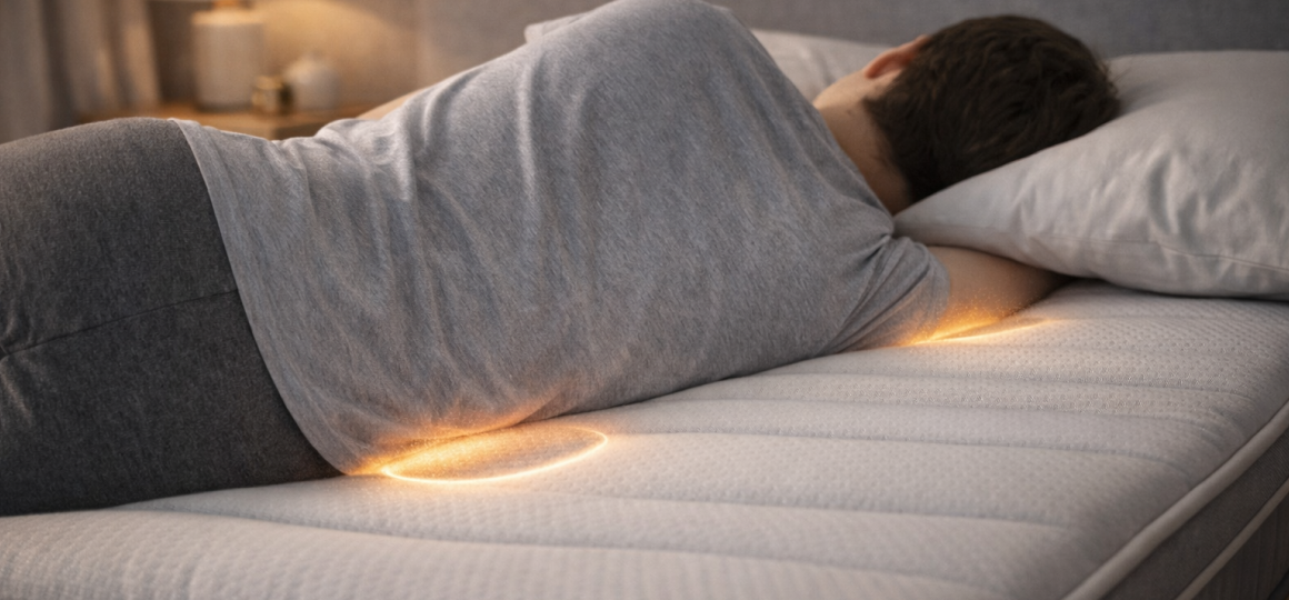 Человек спит на боку на ортопедическом матрасе с поддержкой поясницы и плеч