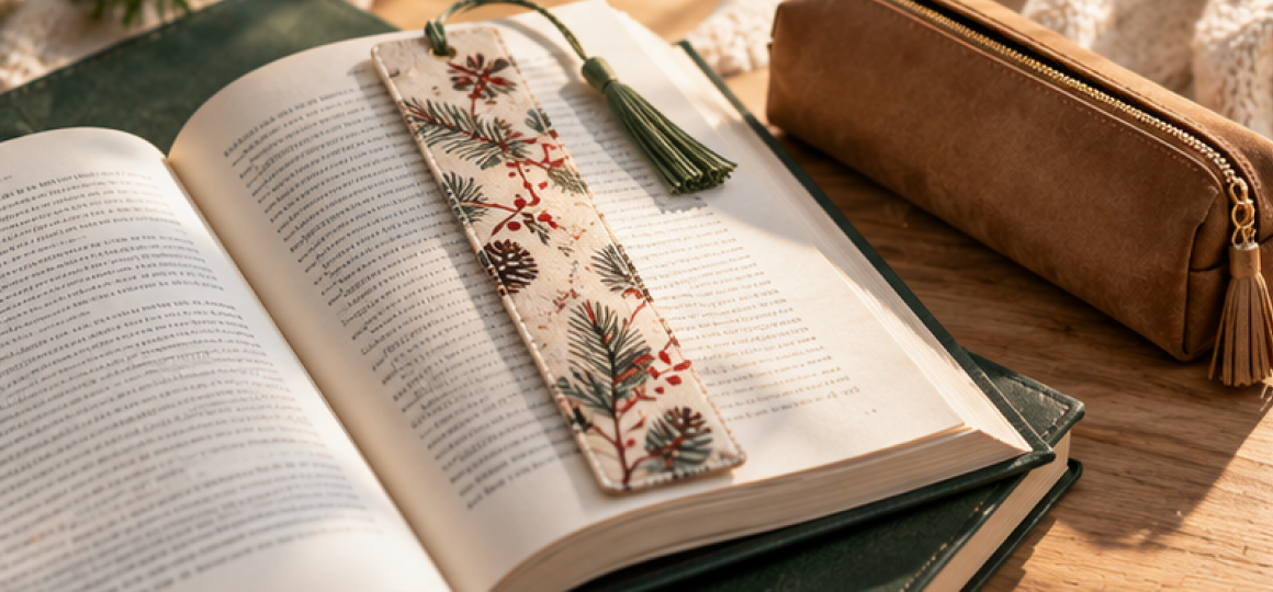 Декоративная закладка для книги с новогодним узором из еловых веток, шишек и красных ягод, украшенная зелёной кисточкой, рядом с кожаным пеналом