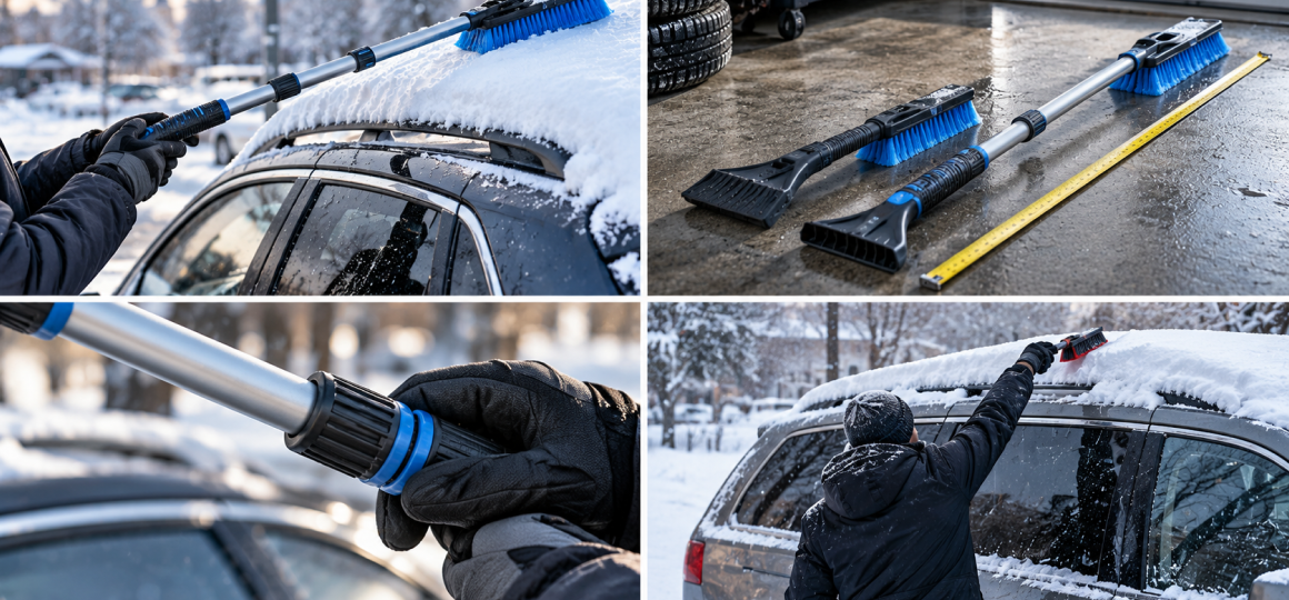 Сравнение автомобильных щёток для снега разной длины с телескопической ручкой скребком и регулировкой под высокий автомобиль