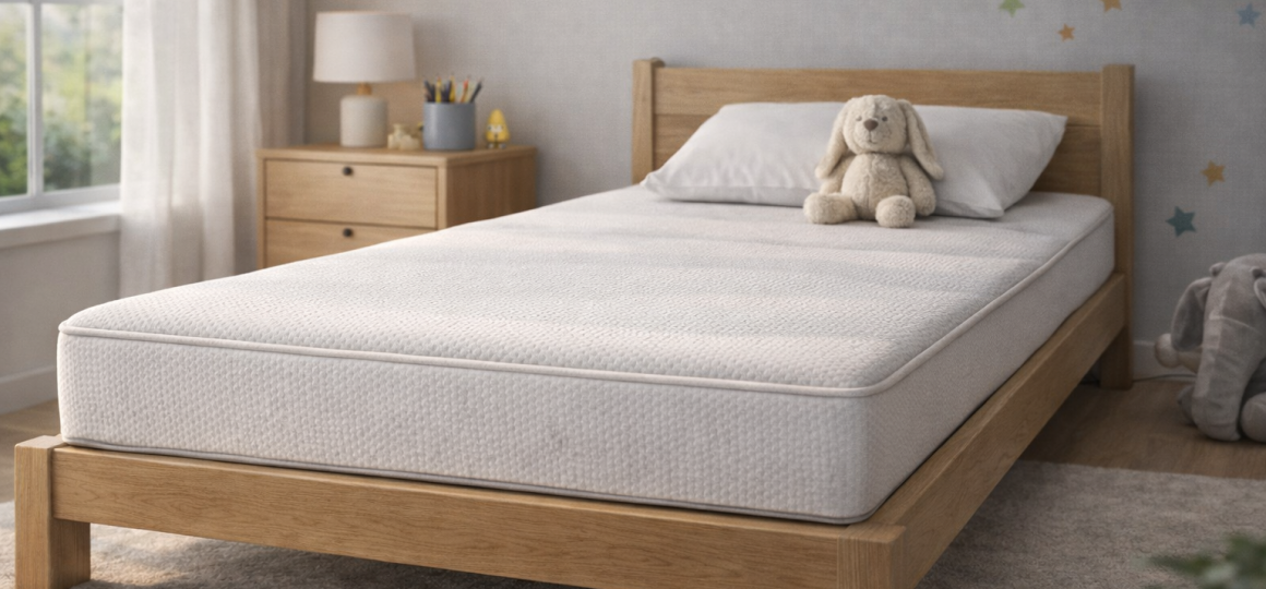 Детская кровать с ортопедическим матрасом в светлой комнате, мягкая поверхность для комфортного сна ребенка