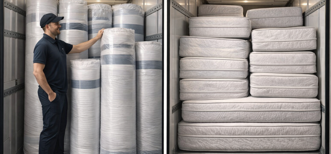 Доставка матрасов свернутых в рулоны и уложенных стопкой в грузовом автомобиле