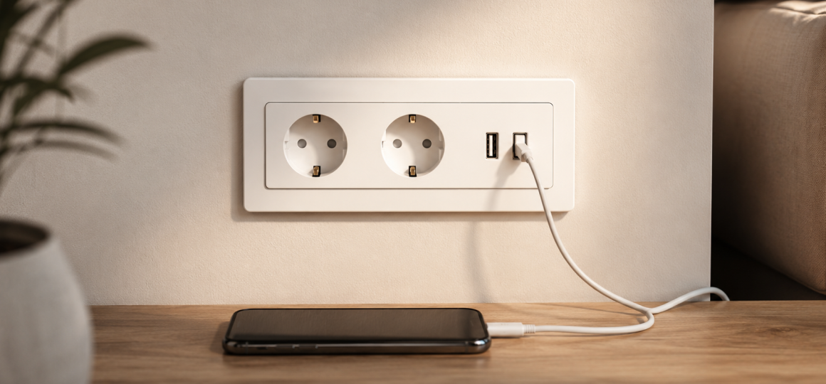 Двойная электрическая розетка с USB разъемами установлена на стене для подключения бытовых приборов и зарядки смартфона без отдельного сетевого адаптера