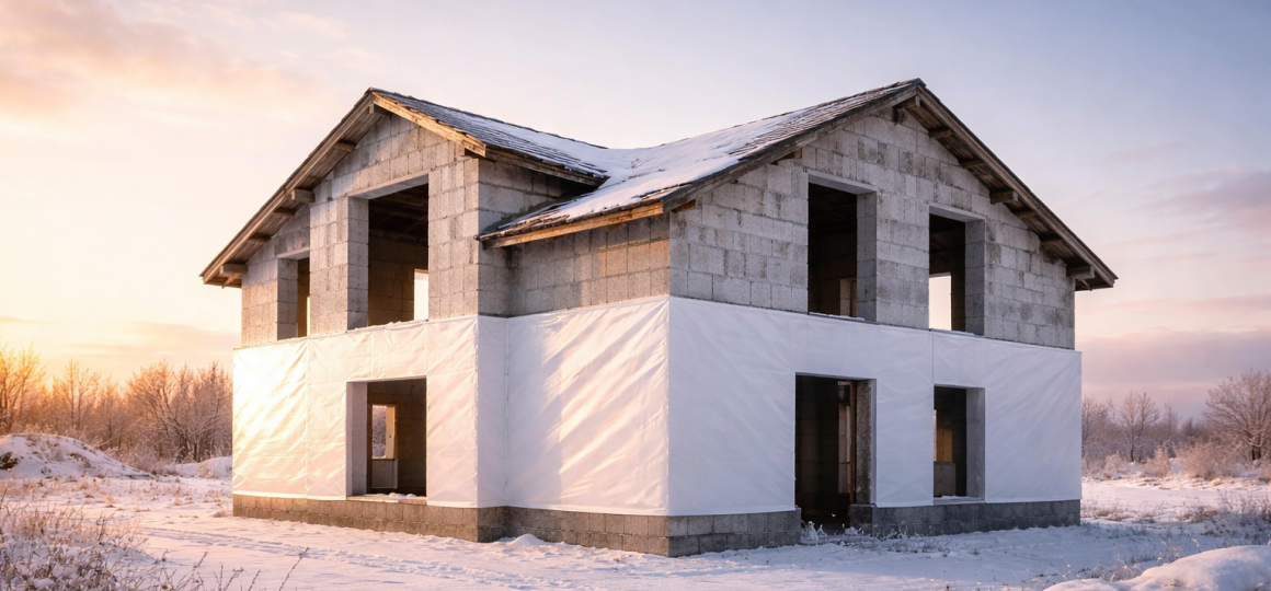 Двухэтажный дом из бетонных блоков в процессе строительства зимой