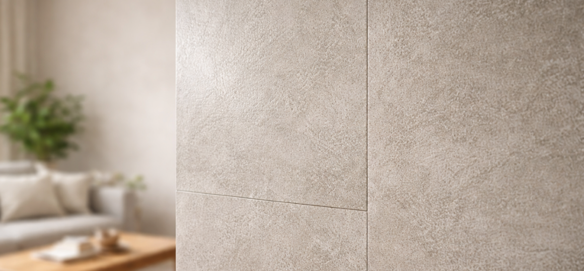 Фактурные обои под бетон в современной гостиной с минималистичным интерьером