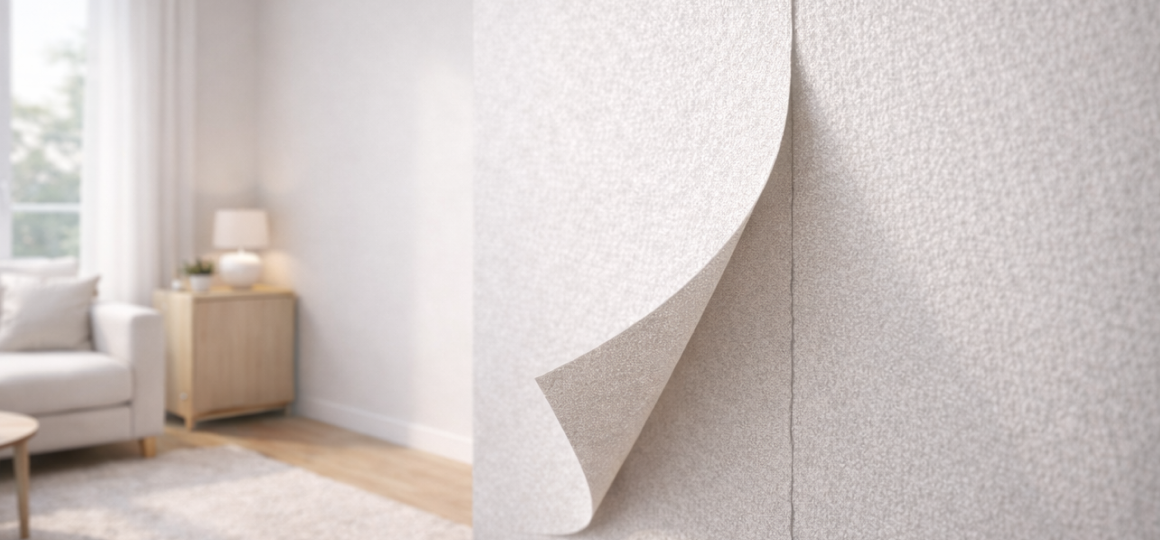 Фрагмент светлых обоев на стене в гостиной с аккуратно отогнутым краем полотна