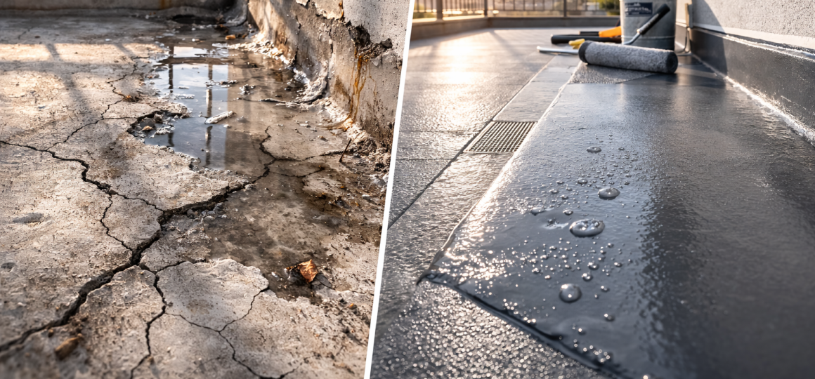 Гидроизоляция плоской кровли до и после ремонта: слева разрушенное покрытие с трещинами и лужами у стены, справа новая мембрана с каплями воды и инструментом для качественной защиты от влаги