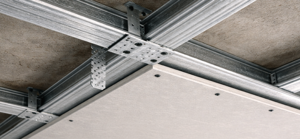 Потолочный каркас с закрепленным листом гипсокартона для ровной черновой отделки