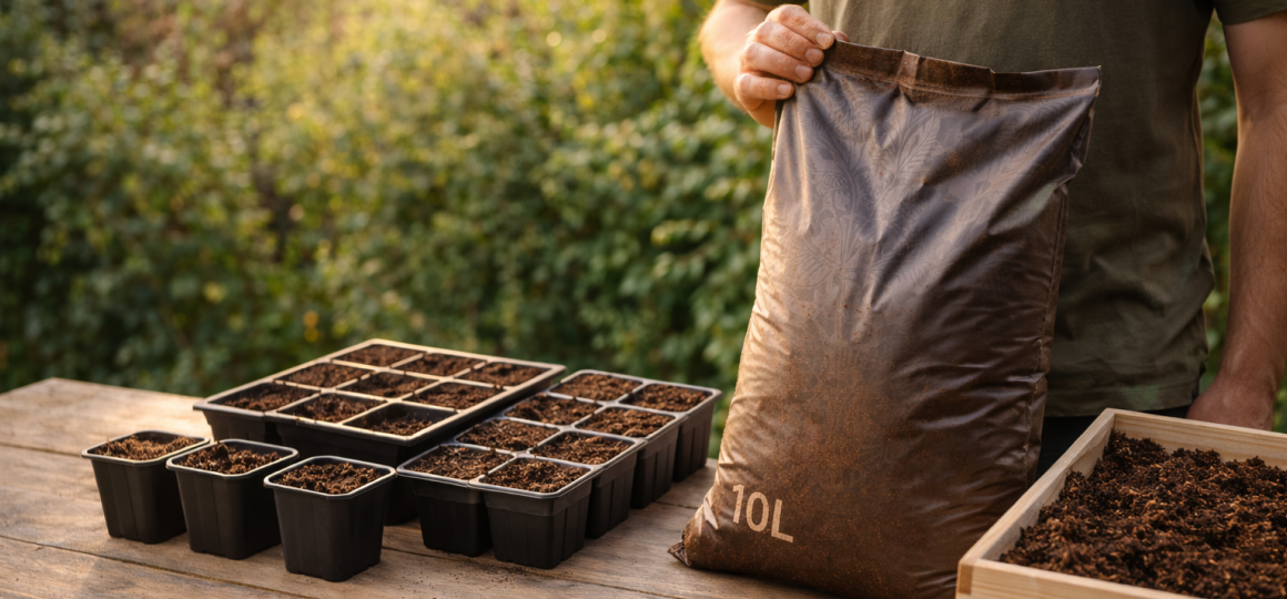 Грунт для рассады в мешке и кассеты с почвой на столе для посева семян