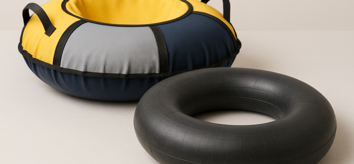 Тюбинг большого диаметра и резиновая камера, ровная форма и статичное сравнение конструкции на светлом фоне