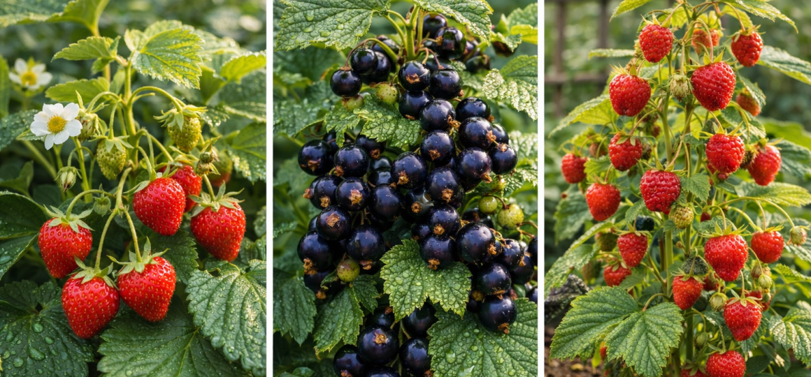 Клубника черная смородина и малина с ягодами на садовом участке