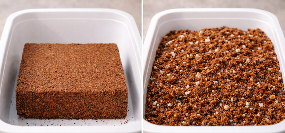 Кокосовый субстрат в брикете и подготовленный рыхлый субстрат после замачивания