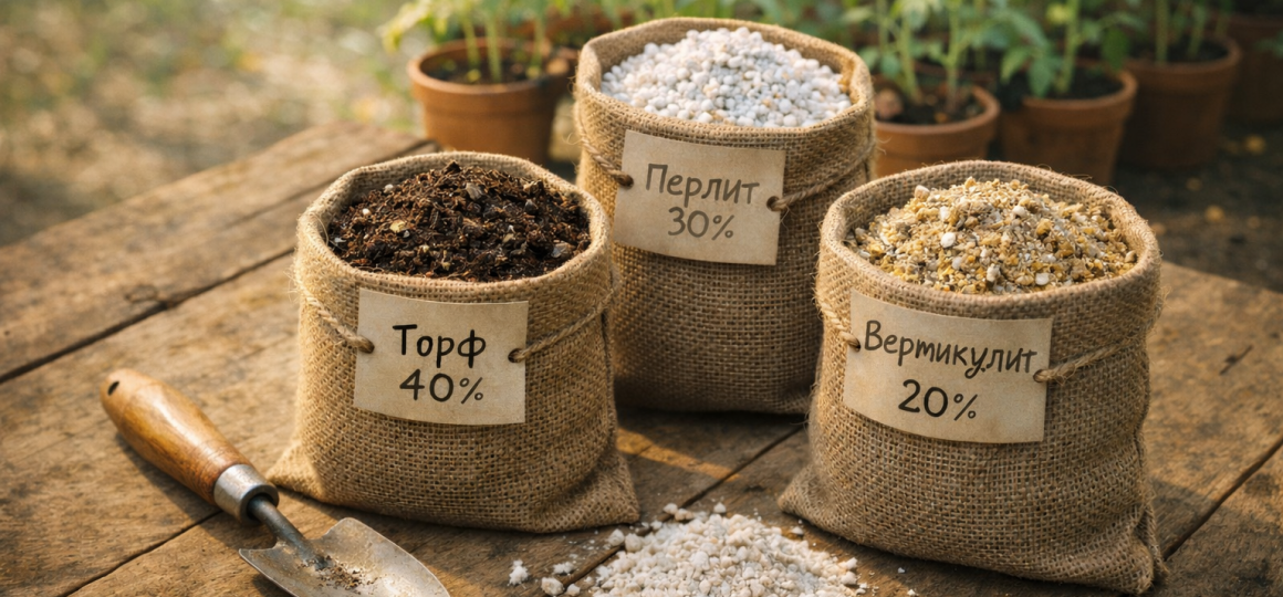 Компоненты почвосмеси для рассады торф перлит и вермикулит на деревянном столе
