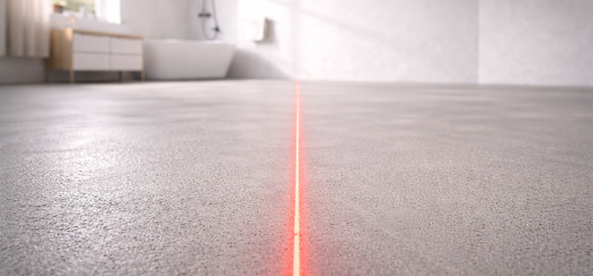Красная лазерная линия уровня на поверхности пола в ванной комнате — проверка ровности основания перед укладкой плитки и выравниванием
